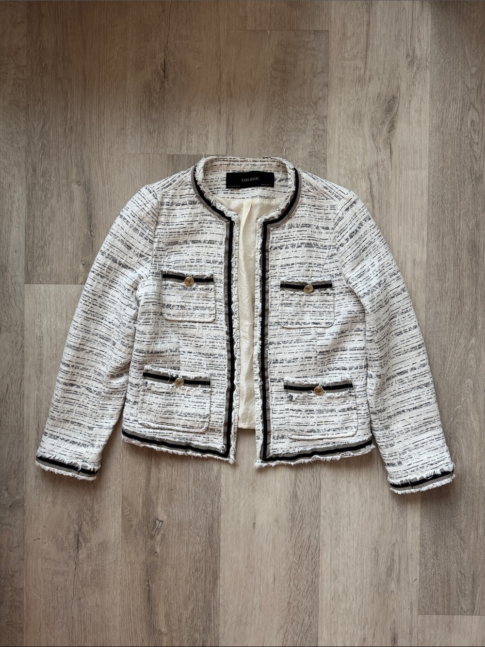 Zara White Tweed Blazer with Black Trim
